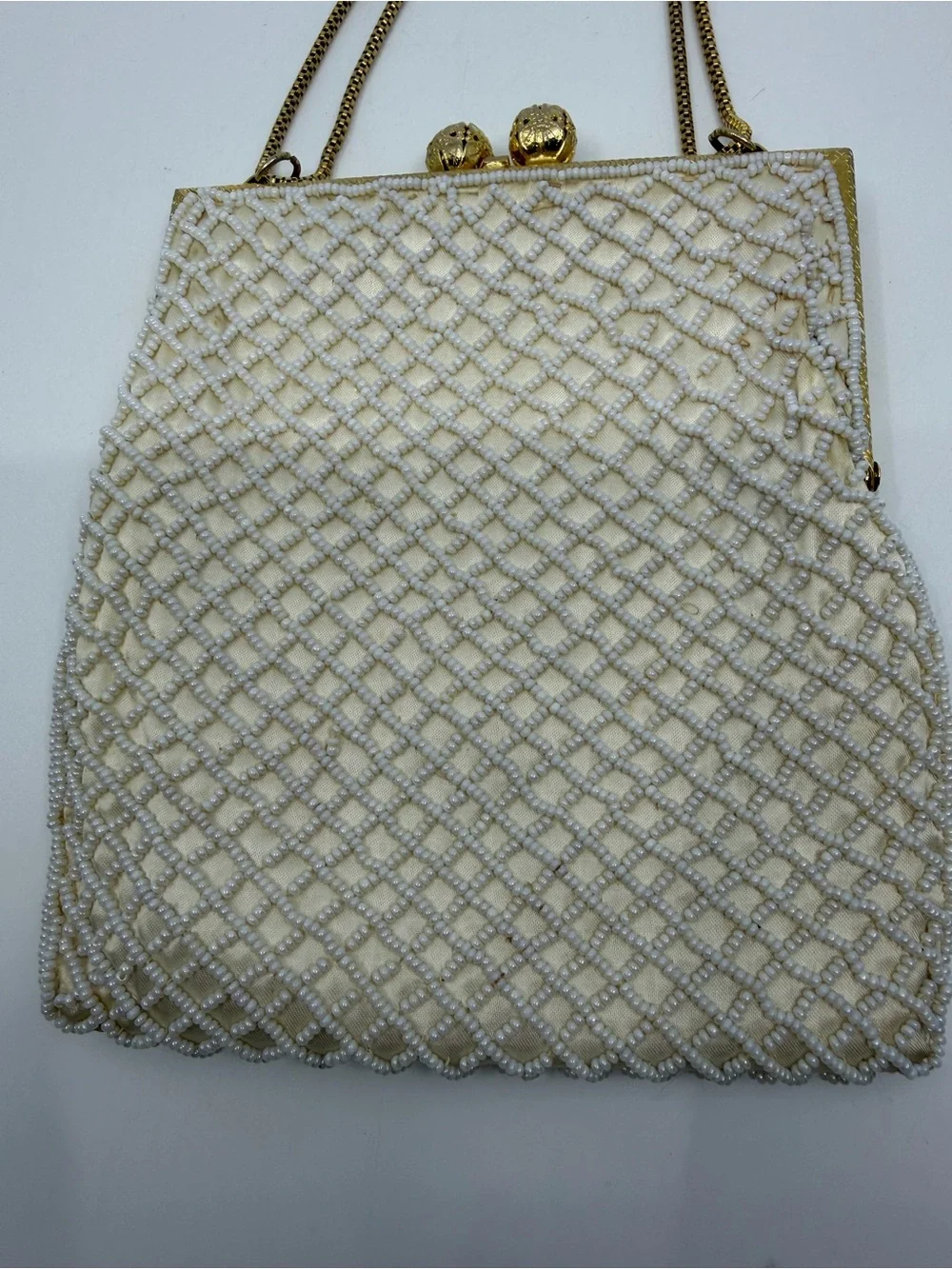 Walborg Ivory Beaded Satchel with Gold Frame and Chain